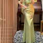 Green Mermaid Spaghetti Strap Beaded Chiffon Satin Long Prom Dresses SH4632