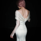 Elegant Mermaid Long Sleeve White Satin Long Sweep Wedding Dress SH5227