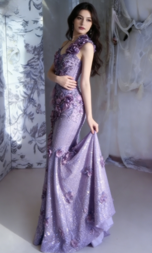 Gentle Purple Mermaid Halter Appliques Ruffle Sequin Long Prom Dress SH5427