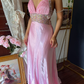 Stunning Pink A Line Halter Beaded Satin Backless Long Prom Dress Graduation Prom Dress SH5487
