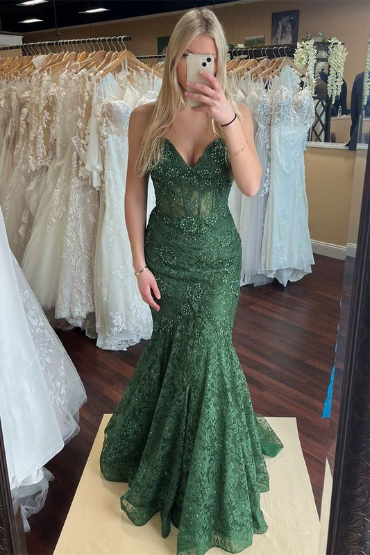 Green Lace Beaded Mermaid Long Prom Dress Sweetheart Evening Dress SH819