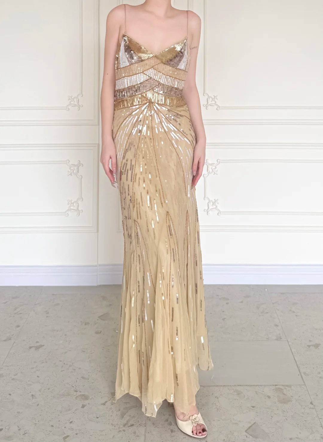 Shiny Gold Vintage A Line Straps Sequin Chiffon Long Prom Dress Wedding Guest Dress SH5507