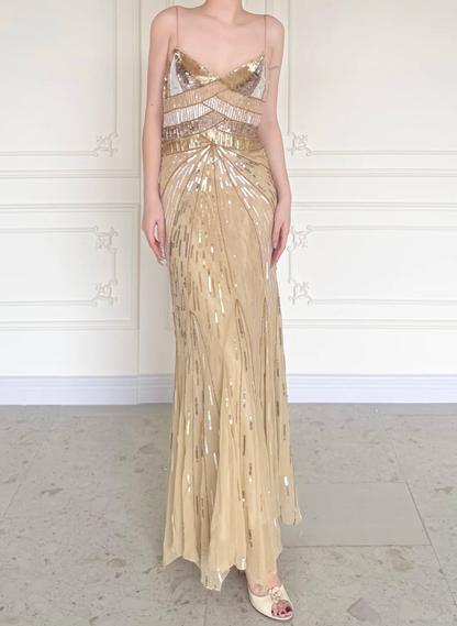 Shiny Gold Vintage A Line Straps Sequin Chiffon Long Prom Dress Wedding Guest Dress SH5507