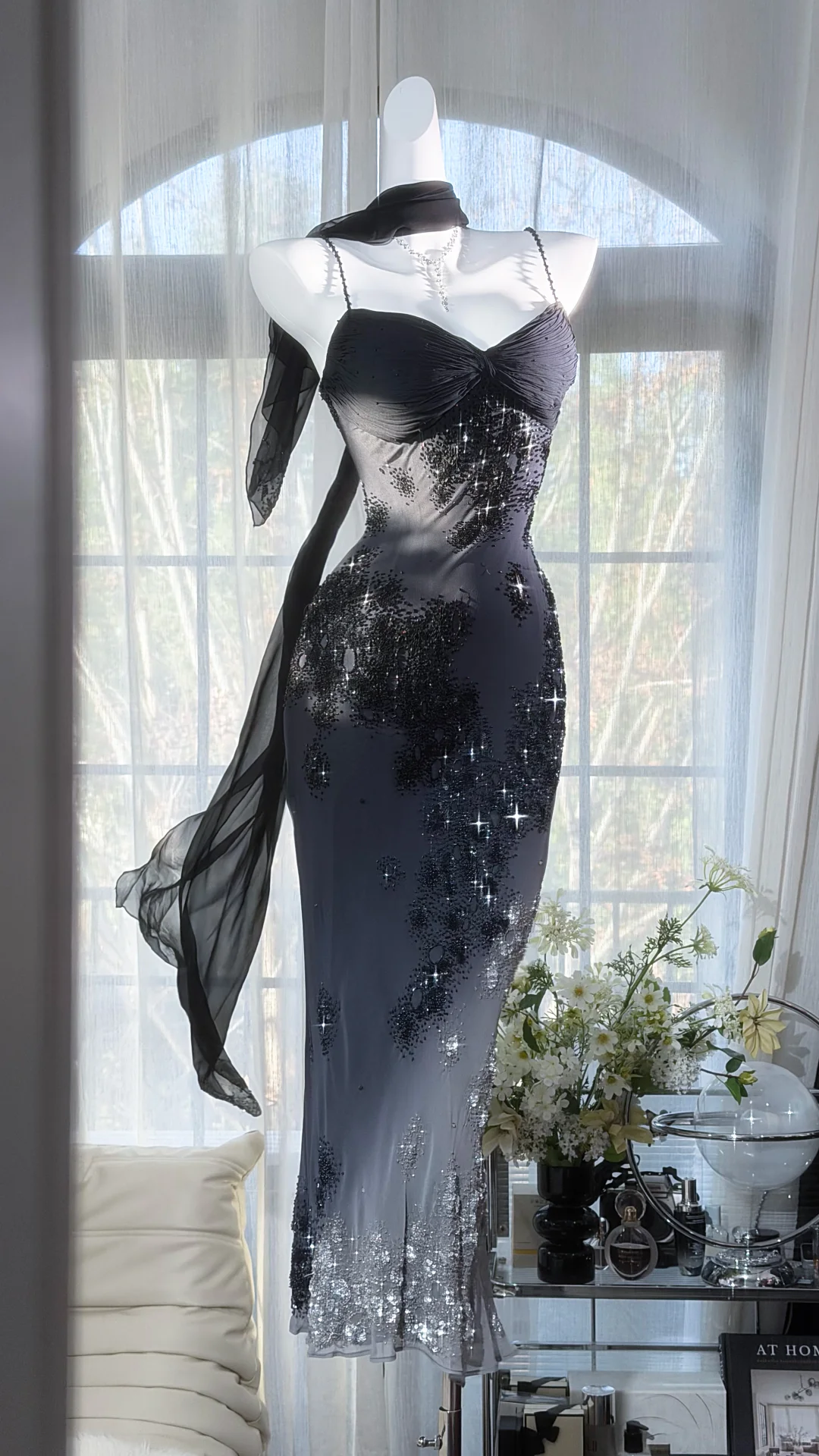Sexy Black Sheath Floral Beaded Chiffon Long Prom Dress Graduation Prom Dress SH5349