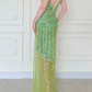 Summer Green A Line V Neck Shiny Beaded Slit Long Prom Dress Evening Dress SH5842