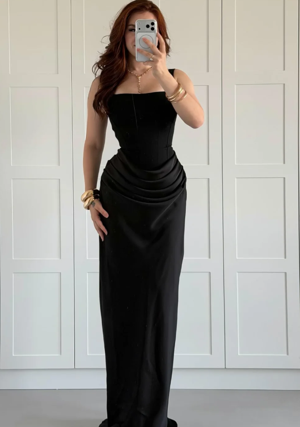 High-class Sheath Strap Black Satin Long Prom Dress Evening Dress SH7293