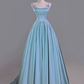 Blue A Line Spaghetti Strap Pearl Bow Satin Prom Dress Graduation Prom Dress SH2463