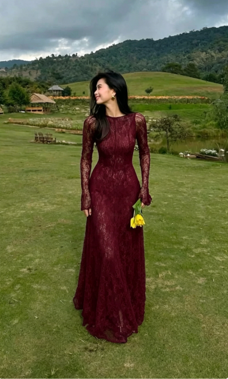 Black Lace Sexy A Line Long Sleeve Evening Dress Prom Dresses Formal Gown SH3941
