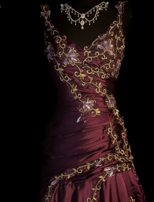 Chic Burgundy A Line Exquisite Embroidery Beaded Satin Prom Dress Evening Gown SH5423