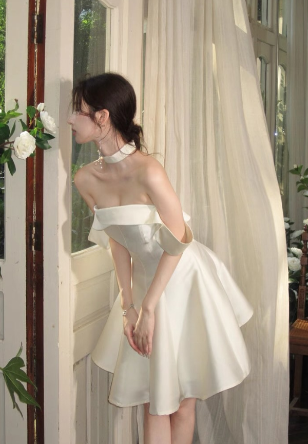 Classic White A Line Off the Shoulder Satin Short Prom Dress Homecoming Dress SH6006