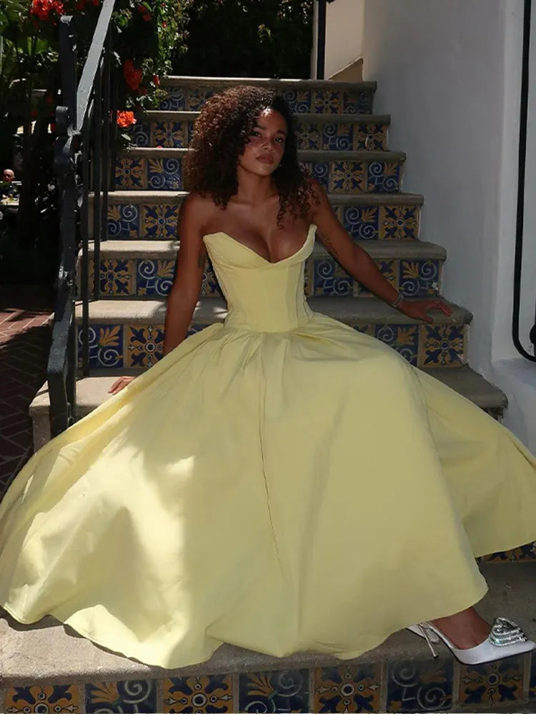 Elegant Yellow A Line Sweetheart Corset Satin Long Prom Dress Evening Dress SH1908