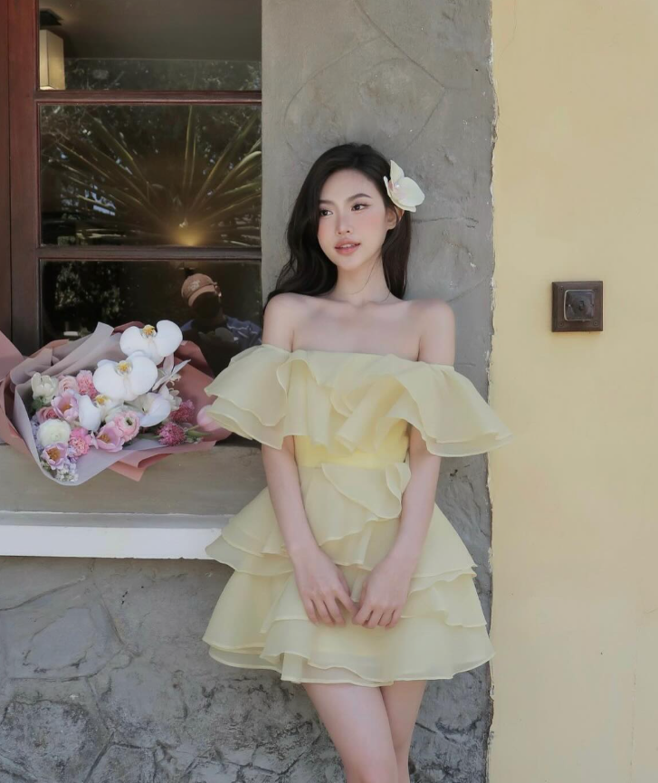 Light Yellow A Line Off the Shoulder Layered Chiffon Satin Short Homecoming Dress Outfits SH6228