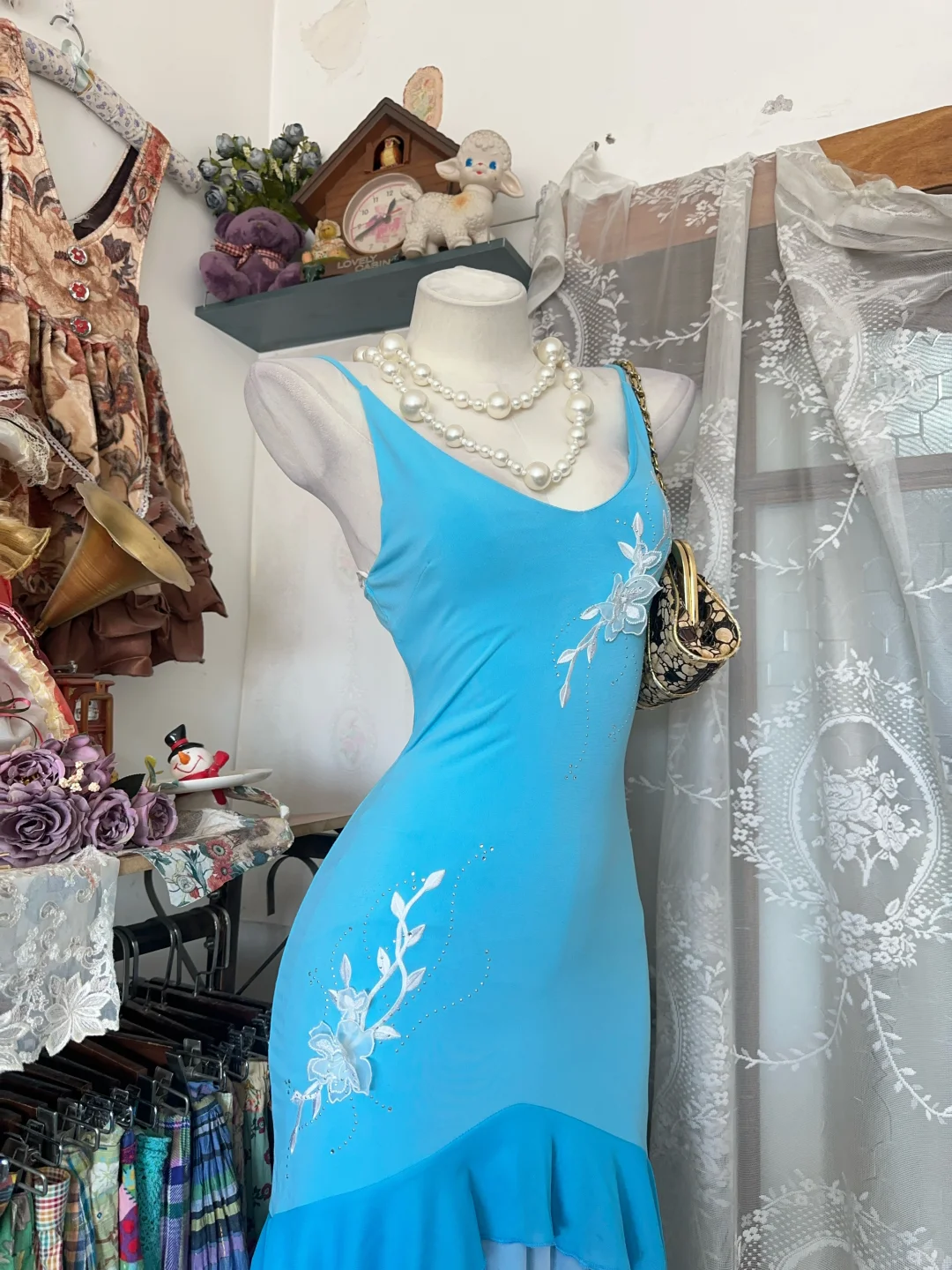 Vintage Mermaid Straps Beaded Blue Layered Chiffon Long Prom Dress SH5245