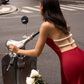Sexy Burgundy A Line Halter Pearl Satin Open Back Prom Dress Party Dress Formal Dress SH4001