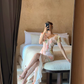 Light Pink Mermaid V Neck Print Floral Ruffle Chiffon Summer Dress Party Dress Outfits with Slit SH4174