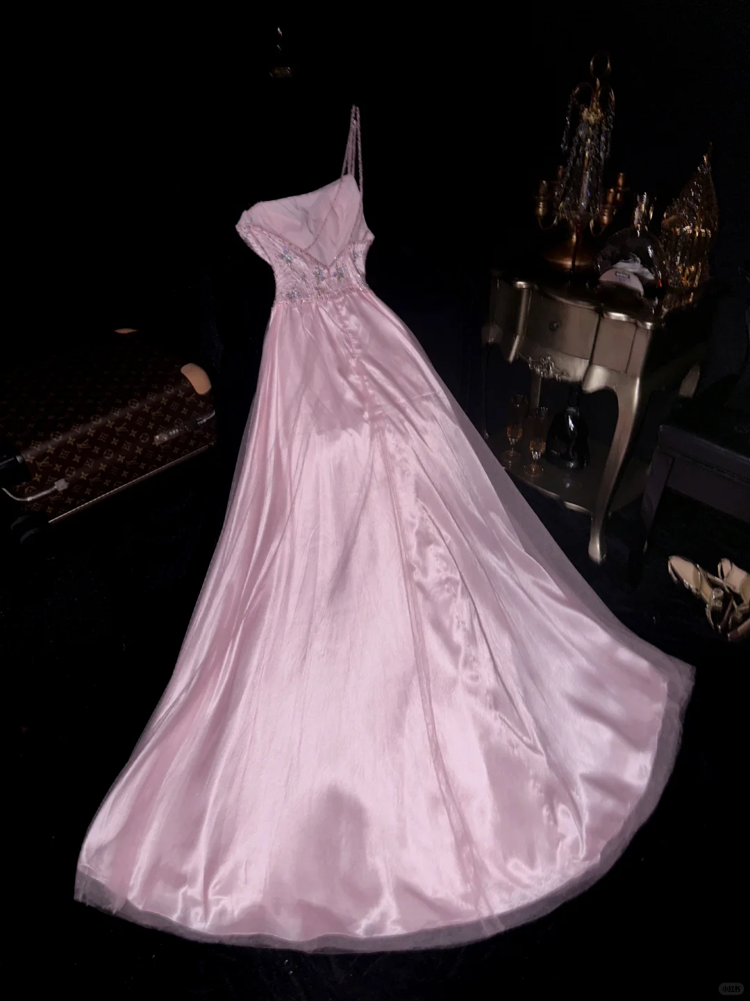 Gentle A Line One Shoulder Beaded Sequin Pink Tulle Satin Prom Dress Party Dress SH3073