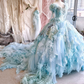 Exquisite Romantic Blue Floral A Line Beaded Lace Tulle Prom Dress Party Dress SH3500