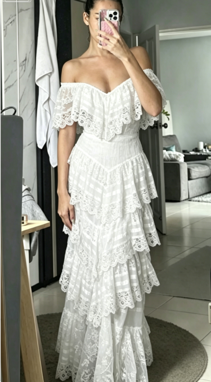 Classy A Line V Neck Layered Lace Long Wedding Dress Prom Dress SH4143