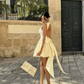 Cute Yellow A Line Straps Satin Open Back Short Homecoming Dress Outfits SH5544