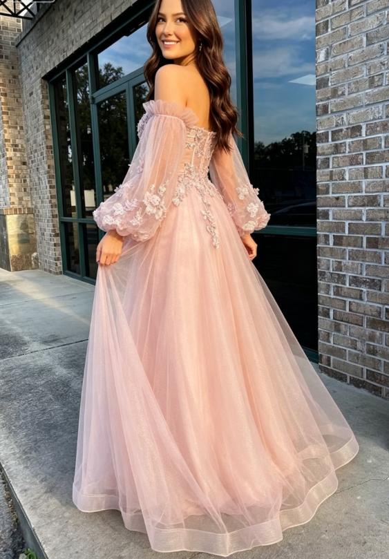 Pink Tulle Strapless Puff Sleeve A-Line Prom Dress SH356