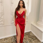 Sexy Blue Sheath Strapless Pleated Satin Long Prom Dress Evening Dress with Slit SH3892