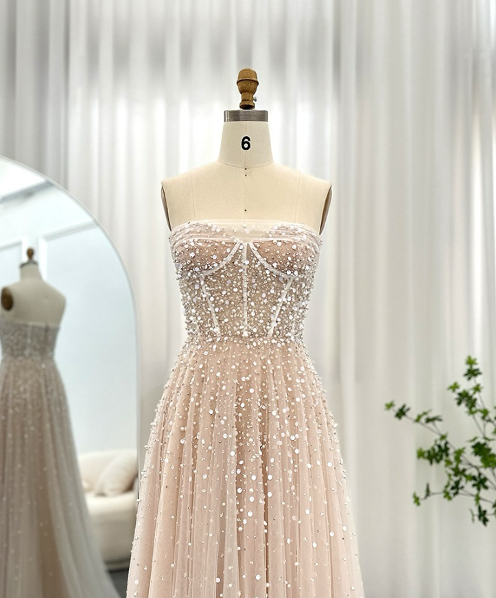 Elegant A Line Strapless Sequin Pearl Beaded Tulle Long Prom Dress Evening Dress SH1940