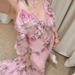 Flowy Pink A Line Spaghetti Strap Print Floral Chiffon Open Back Prom Dress Vacation Dress SH3985