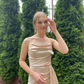 Champagne A Line Spaghetti Strap Pleated Satin Long Prom Dress Evening Dress SH7301