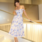 Blue Print Floral A Line Spaghetti Strap Satin Prom Dress Evening Dress SH6605