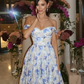 Blue Print Floral A Line Spaghetti Strap Satin Prom Dress Evening Dress SH6605