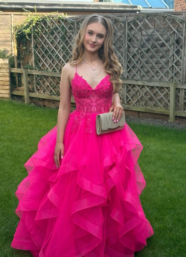 Hot Pink A Line Spaghetti Strap Lace Ruffle Tulle Prom Dress Birthday Dress SH9010