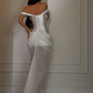 Pretty Sheath Off the Shoulder Beaded White Tulle Satin Prom Dress Evening Dress SH8540