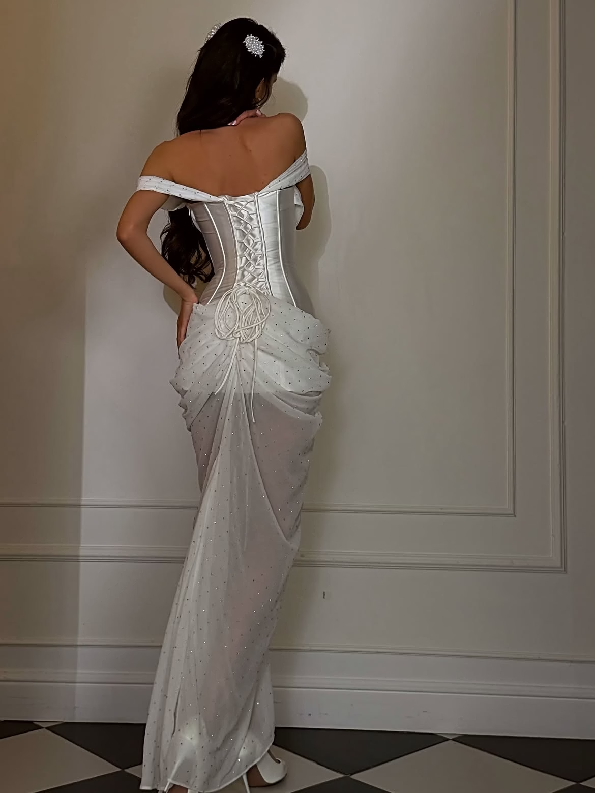 Pretty Sheath Off the Shoulder Beaded White Tulle Satin Prom Dress Evening Dress SH8540
