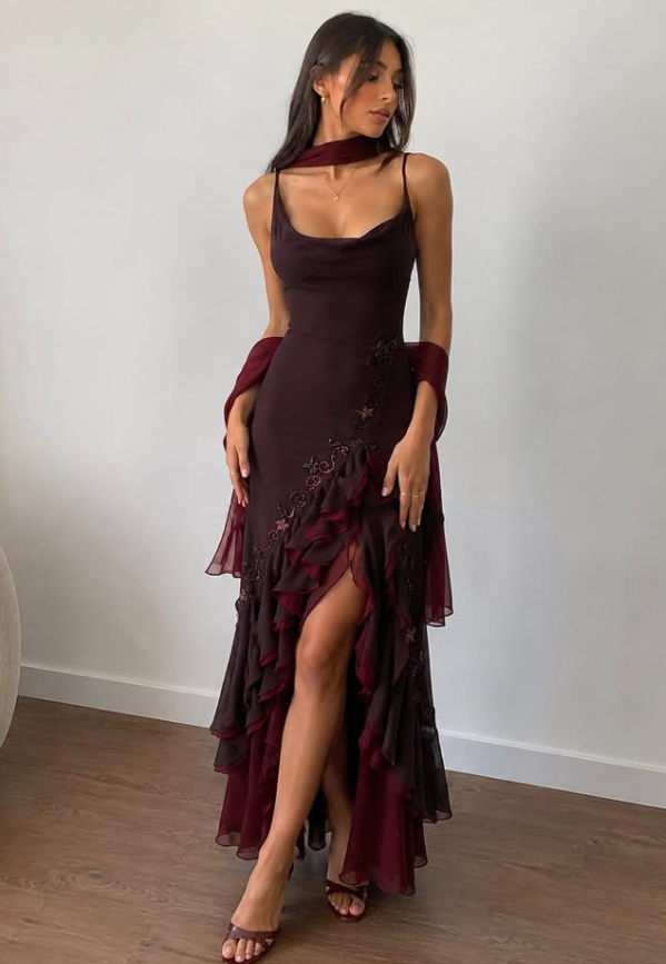 Vintage Mermaid Ruffle Beaded Dark Burgundy Chiffon Prom Dress Party Dress SH7420
