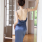 Simple Navy Blue Mermaid Spaghetti Strap Satin Open Back Long Evening Dress Gown Dress SH3583