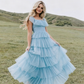 Fairy Sky Blue Sequare Neck Tiered Tulle Evening Dress Long Prom Dress SH1053