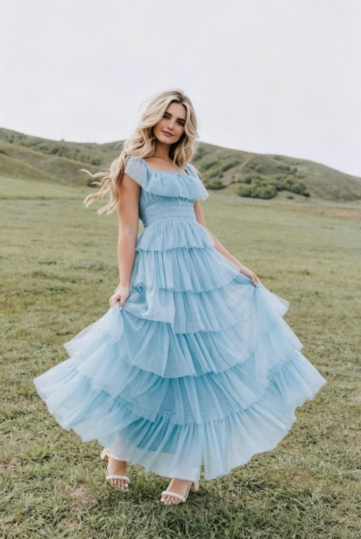 Fairy Sky Blue Sequare Neck Tiered Tulle Evening Dress Long Prom Dress SH1053