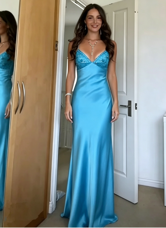 Blue Backless Mermaid Satin Long Evening Prom Dress SH1527