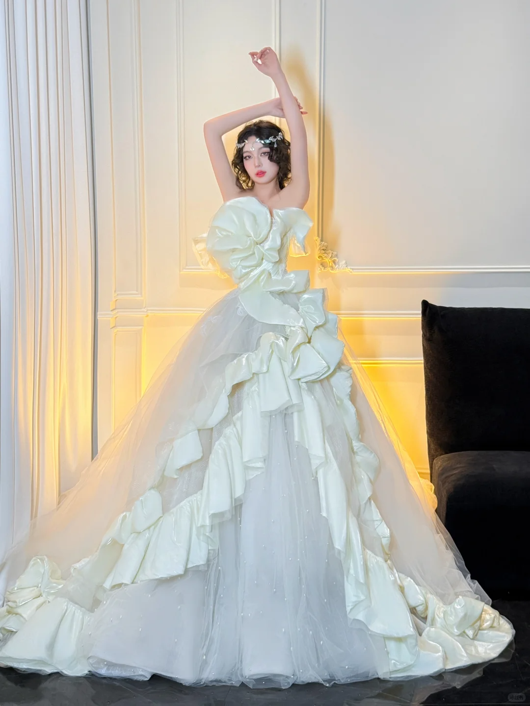 Stunning Ball Strapless White Ruffle Satin Tulle Long Prom Dress Party Dress SH4690