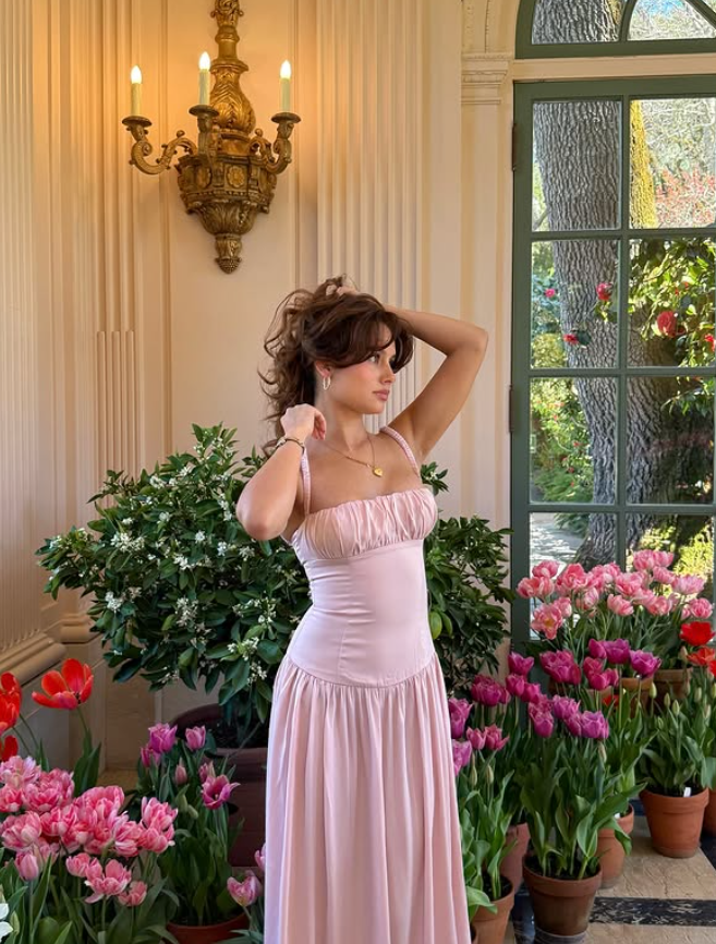 Pink Simple A Line Spaghetti Strap Satin Long Prom Dress 18th Birthday Dress SH4513