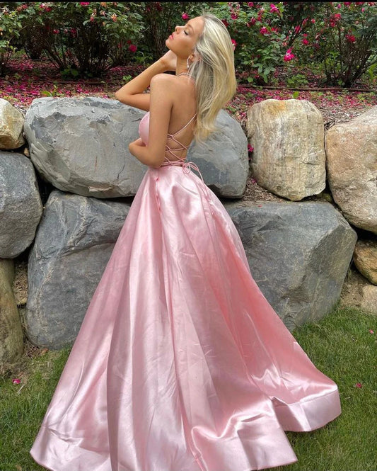 Pretty A Line Spaghetti Straps Backless Pink Satin Prom Dress Formal Evening Dress SH1758