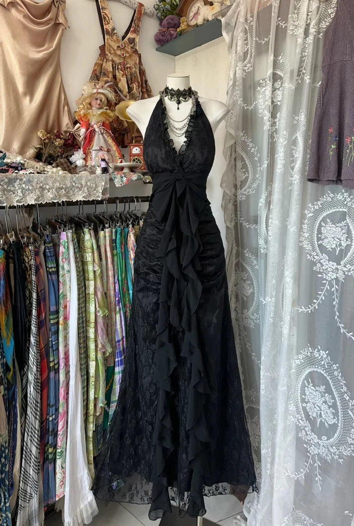 Vintage Mermaid Halter Sleeveless Long Black Lace Evening Dress Prom Dresses SH3093