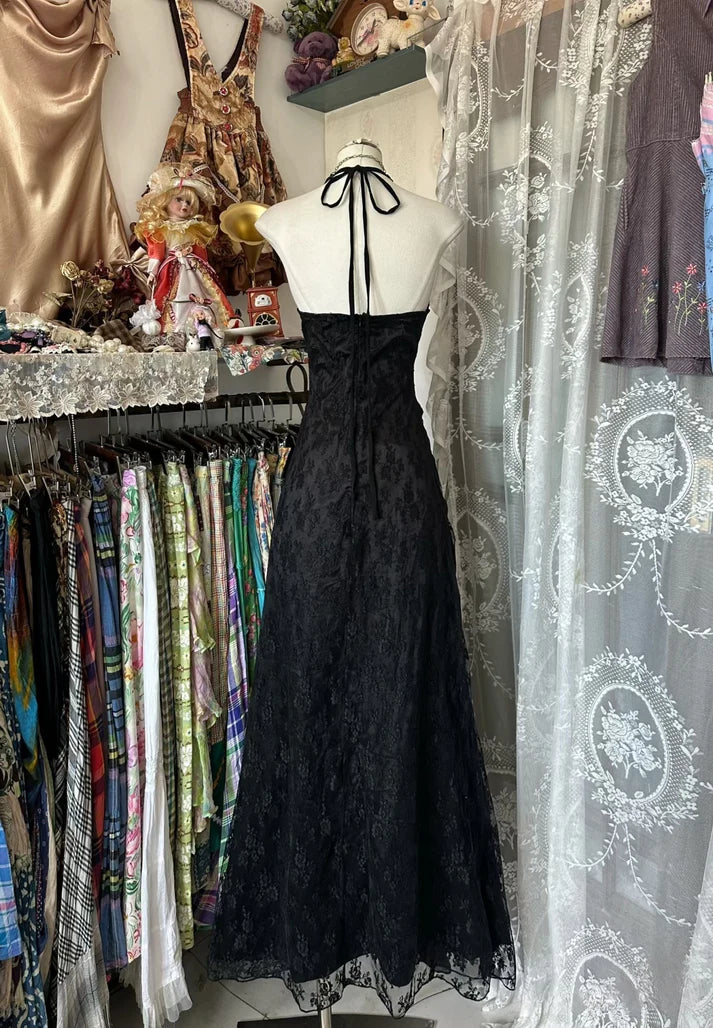 Vintage Mermaid Halter Sleeveless Long Black Lace Evening Dress Prom D shinydress Vintage Mermaid Halter Sleeveless Long Black Lace Evening Dress Prom D shinydress