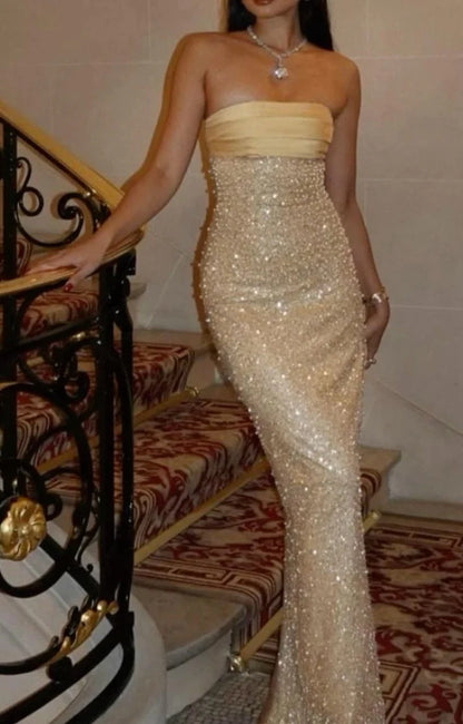 Shiny Sheath Strapless Long Yellow Sequin Satin Party Dresses Prom Dresses SH2898