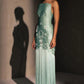 Unique Sheath Strapless Embroidered Flower Sage Green Satin Party Dress Evening Dress SH2899