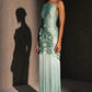 Unique Sheath Strapless Embroidered Flower Sage Green Satin Party Dress Evening Dress SH2899