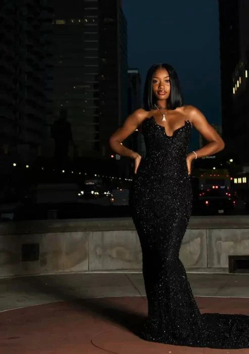 Sexy Mermaid Sweetheart Neck Sequin Slit Black Long Prom Dresses Party Dress SH3504