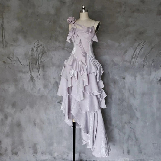 Pretty Irregular Ruffle Spaghetti Straps Light Purple Prom Dresses With Flower Long Birthday Dress SH2897