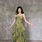 Pretty Irregular Ruffle Spaghetti Straps Green Prom Dresses With Flower Long Birthday Dress SH2894