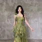 Pretty Irregular Ruffle Spaghetti Straps Green Prom Dresses With Flower Long Birthday Dress SH2894